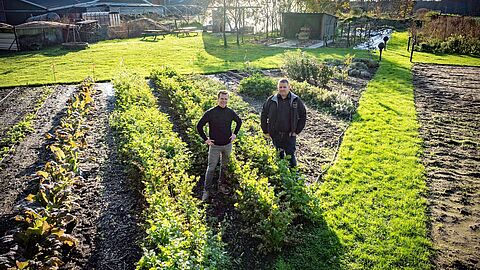 Jeroen Valkenburg en Roel van Dijk in Zelfoogsttuin Het Binnenveld: “Het kweken van shiitakes past goed bij onze tuin.”