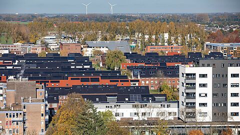 Uitzichtsfoto over een woonwijk in Wageningen