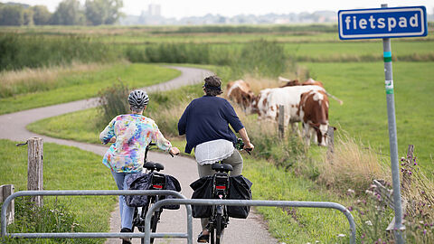 Twee fietsers fietsen in het binnenveld. Er zijn een paar koeien in de wei. 